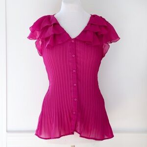 East 5th Sheer Magenta Pleated Button Front Ruffle Blouse Flare Hem Size XL
